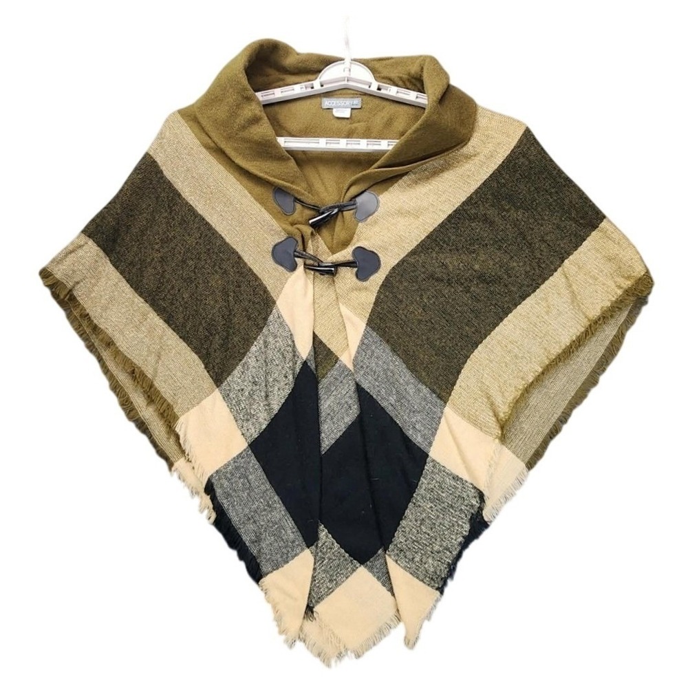 Accessory Street NY Plaid Toggle Poncho Wrap Olive‎ Green Tan Fringe OS